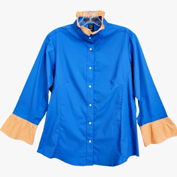 Nwot Pearly Vines Blue Button Down Blouse with Orange Gingham Neck/Sleeves - Picture 10 of 10